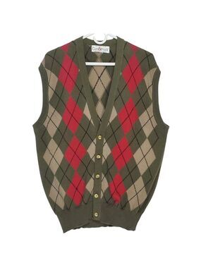 7596 * Clark & Gregory Argyle Sweater Vest Olive Green Red Size L Scotland